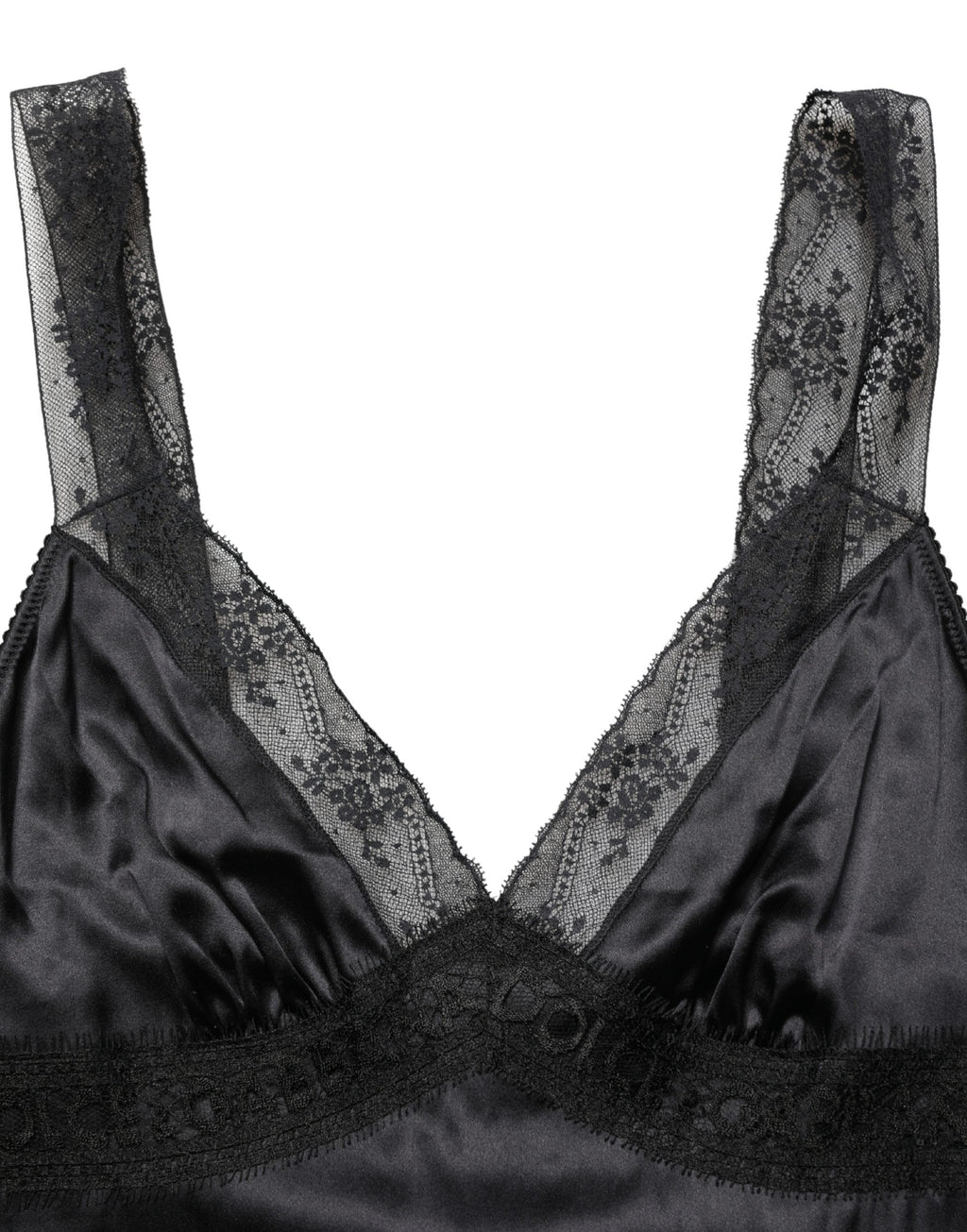 Camison noir en soie avec bordure en dentelle et décolleté en V, par Dolce & Gabbana, vue de face.