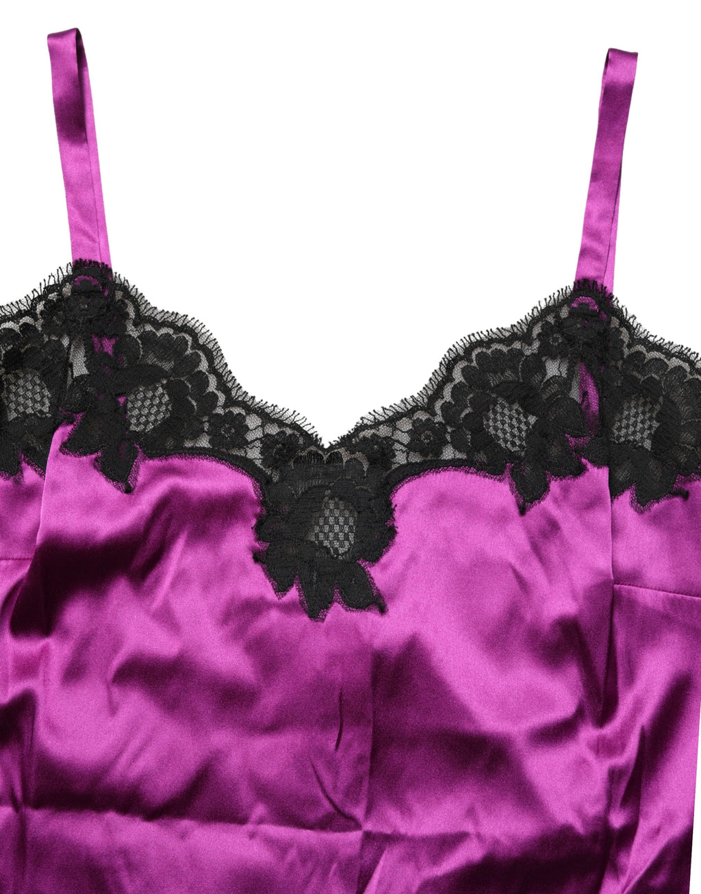 Camison sans manches Dolce & Gabbana en soie violette avec bordure en dentelle, style élégant et féminin.