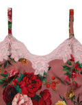 Camisole en satin marron à imprimé de roses avec dentelle, de la marque Dolce & Gabbana, vue de face.