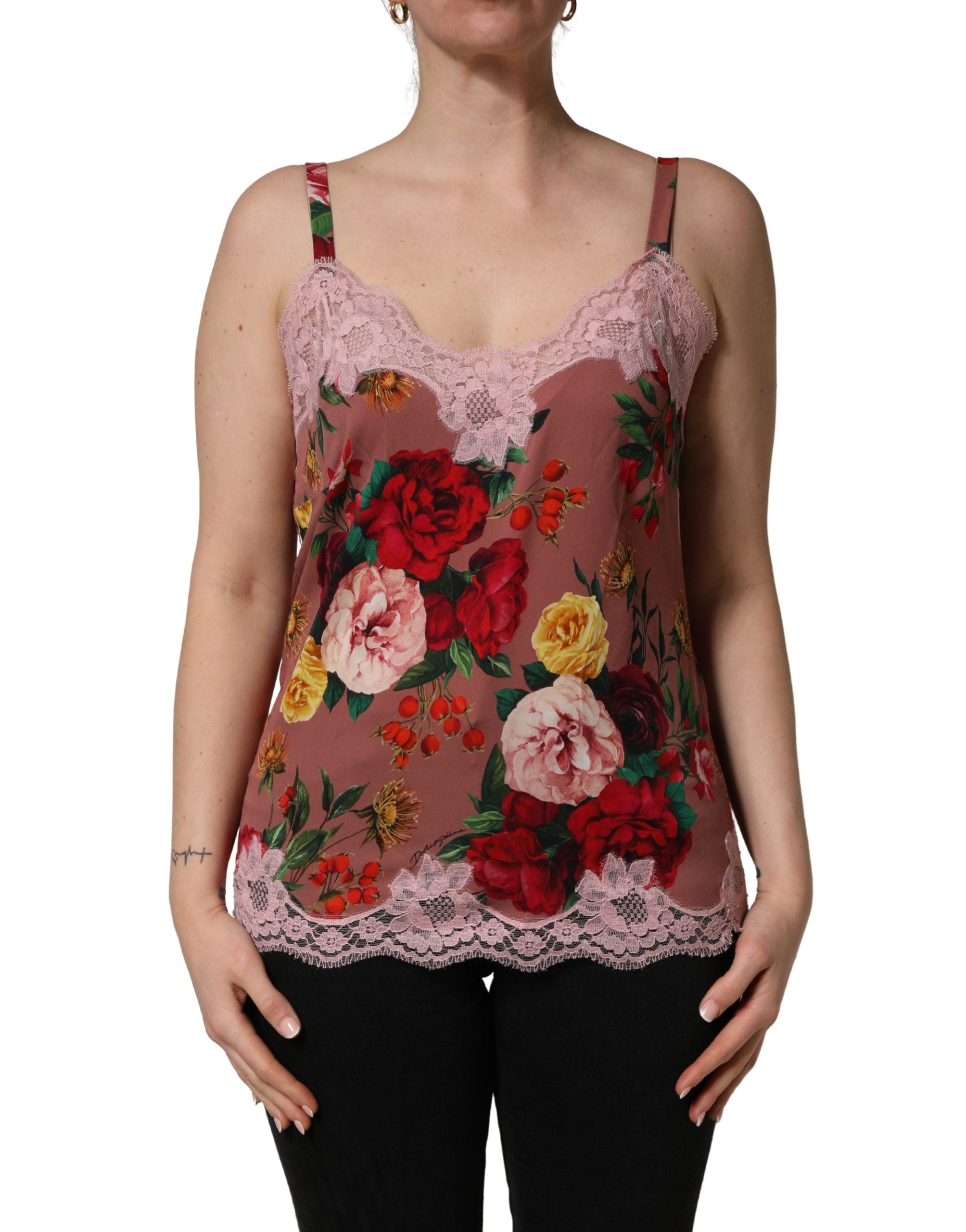 Camisole en satin marron à imprimé rose avec dentelle, marque Dolce & Gabbana, vue de face.