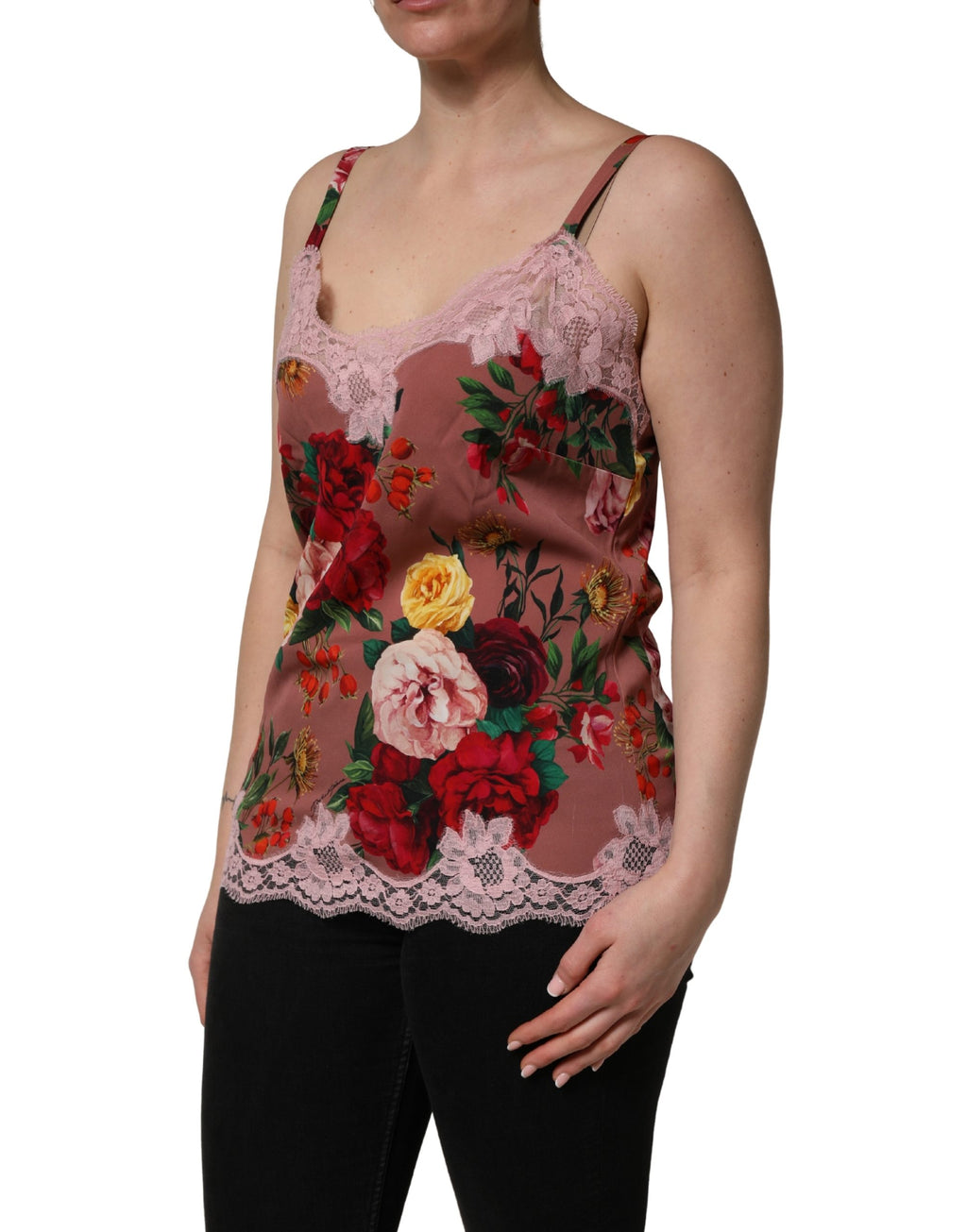 Débardeur en satin avec broderie de roses brunes, camisole Dolce & Gabbana, style élégant et féminin.