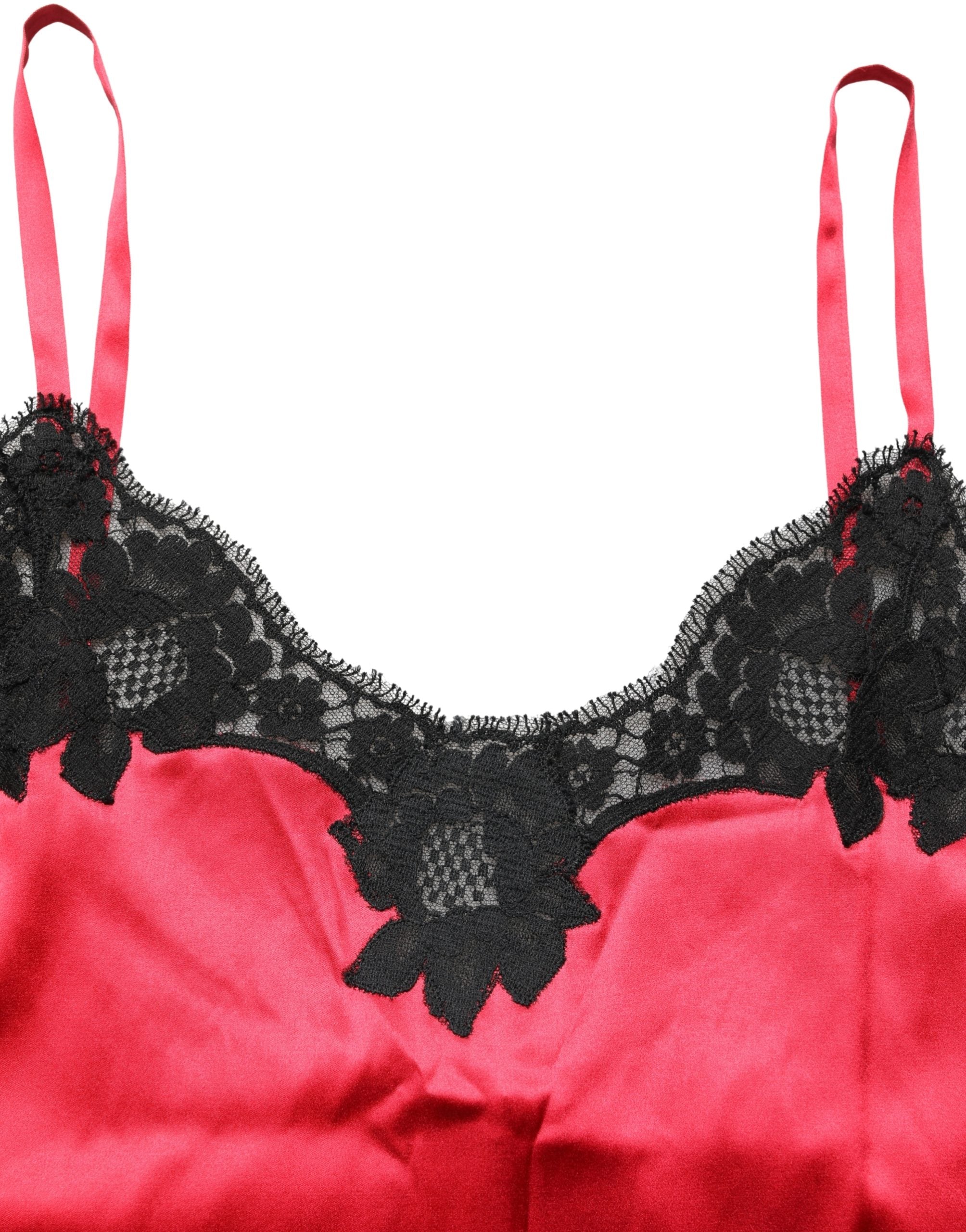 Débardeur sans manches Dolce & Gabbana en satin rouge avec bordure en dentelle en soie, élégant et féminin.