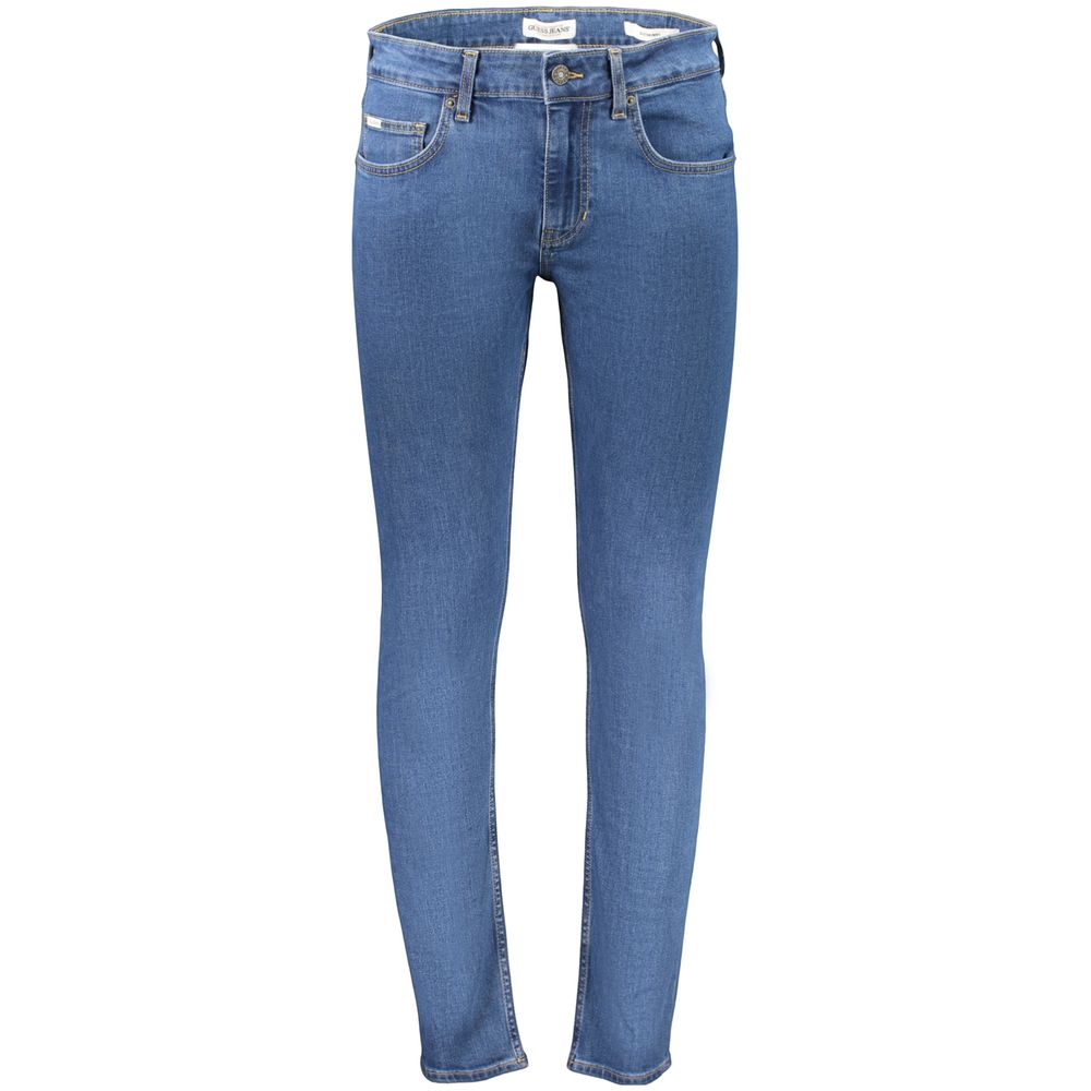 Jean homme Guess Jeans en coton bleu, style classique, avec coupe droite et détails tendance, visible sur l'image.