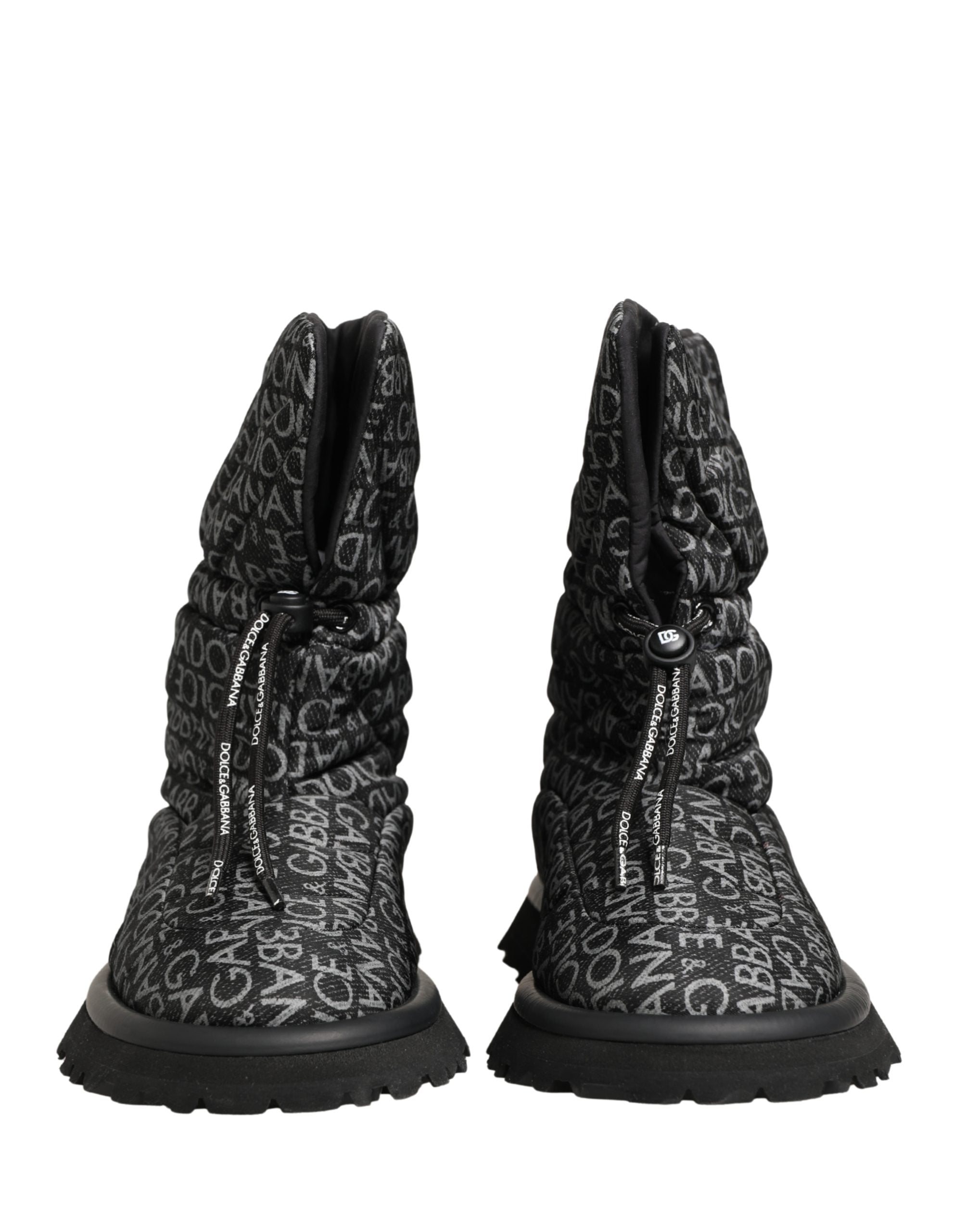 Bottes d'hiver noires Dolce & Gabbana avec logo imprimé en dentelle et lacets, chaussures robustes pour la neige.