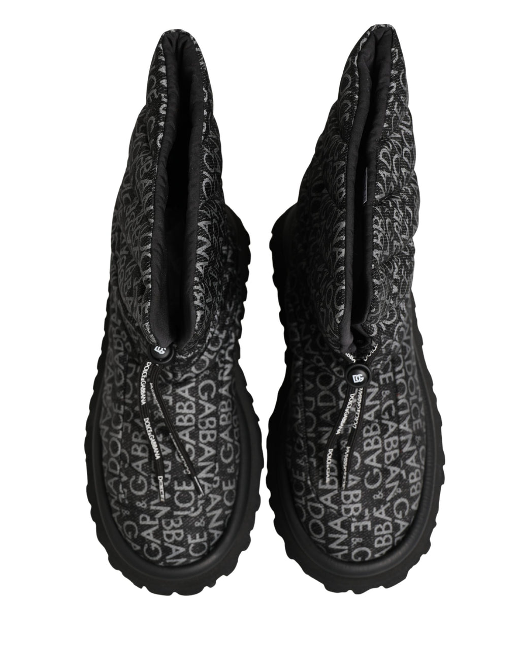 Bottes de neige noires Dolce & Gabbana avec logo imprimé en dentelle et lacets, chaussures d'hiver élégantes.