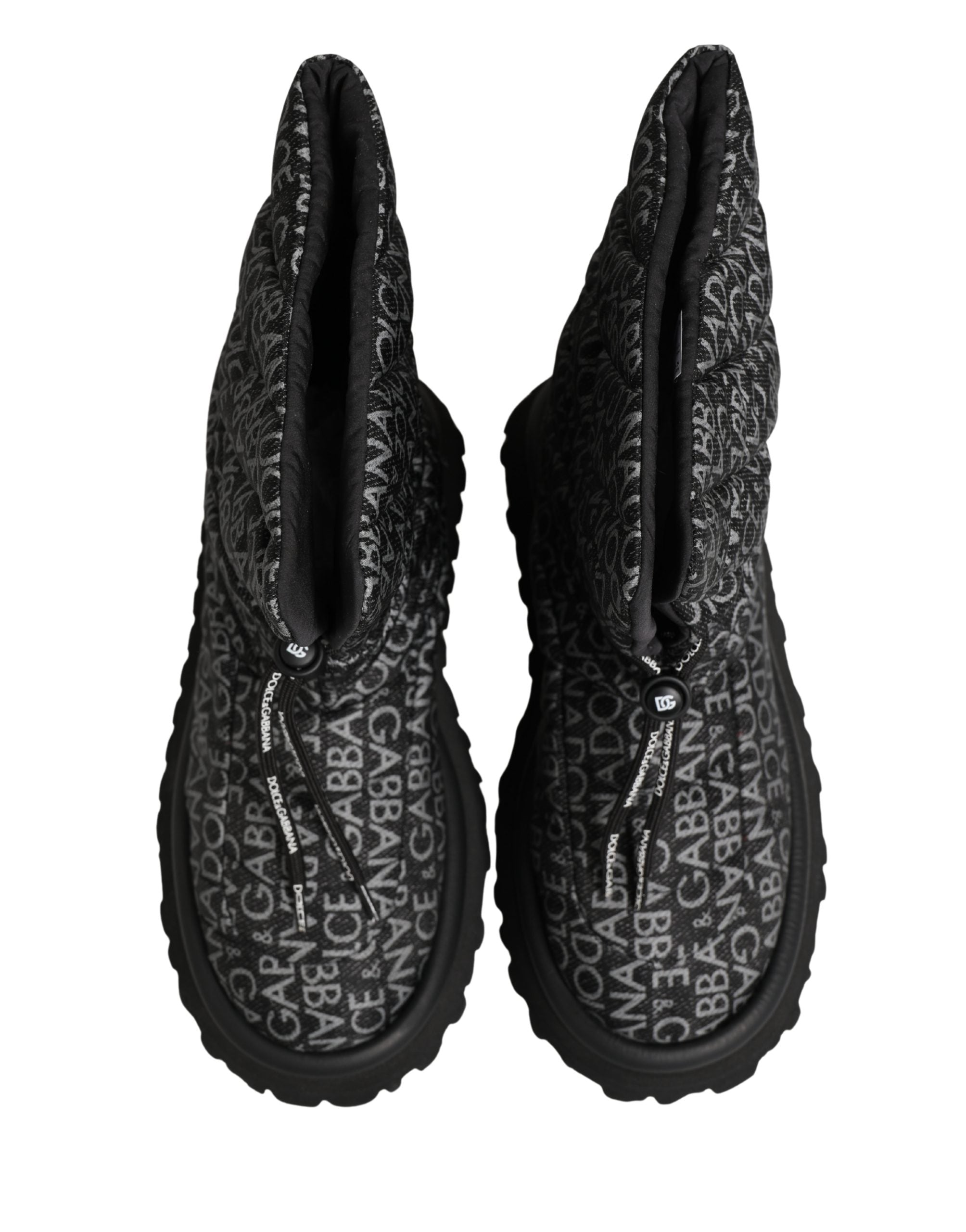 Bottes de neige noires Dolce & Gabbana avec logo imprimé en dentelle et lacets, chaussures d'hiver élégantes.