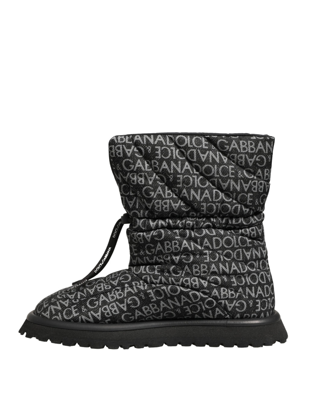 Bottes de neige noires Dolce & Gabbana avec logo imprimé en dentelle et lacets, chaussures d'hiver élégantes et chaudes.