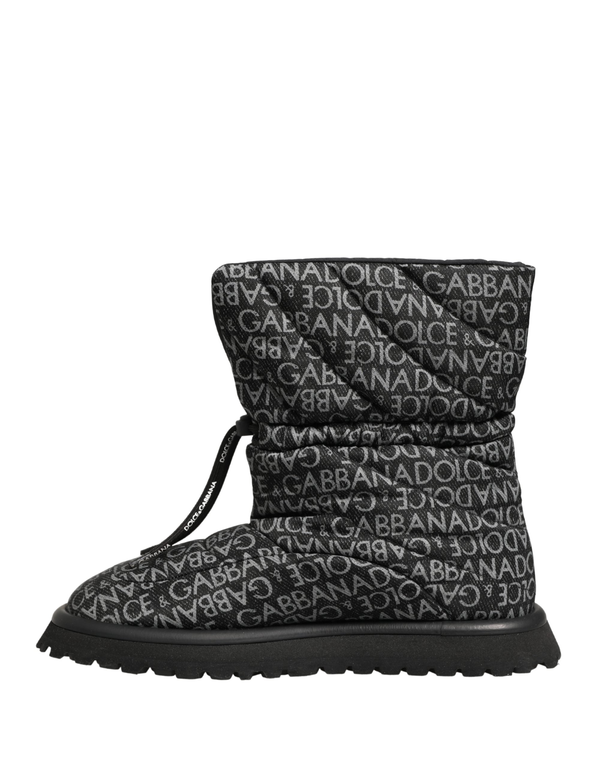 Bottes de neige noires Dolce & Gabbana avec logo imprimé en dentelle et lacets, chaussures d'hiver élégantes et chaudes.