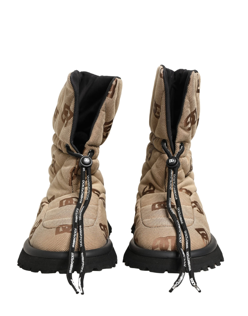 Bottes d'hiver Dolce & Gabbana marron à logo imprimé en dentelle, avec lacets et semelle antidérapante.