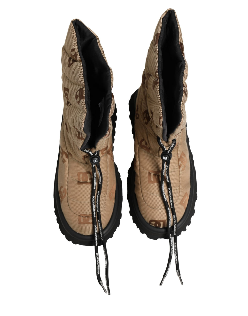 Bottes d'hiver Dolce & Gabbana en brun avec logo imprimé, lacées et en dentelle, conçues pour le froid et le style.