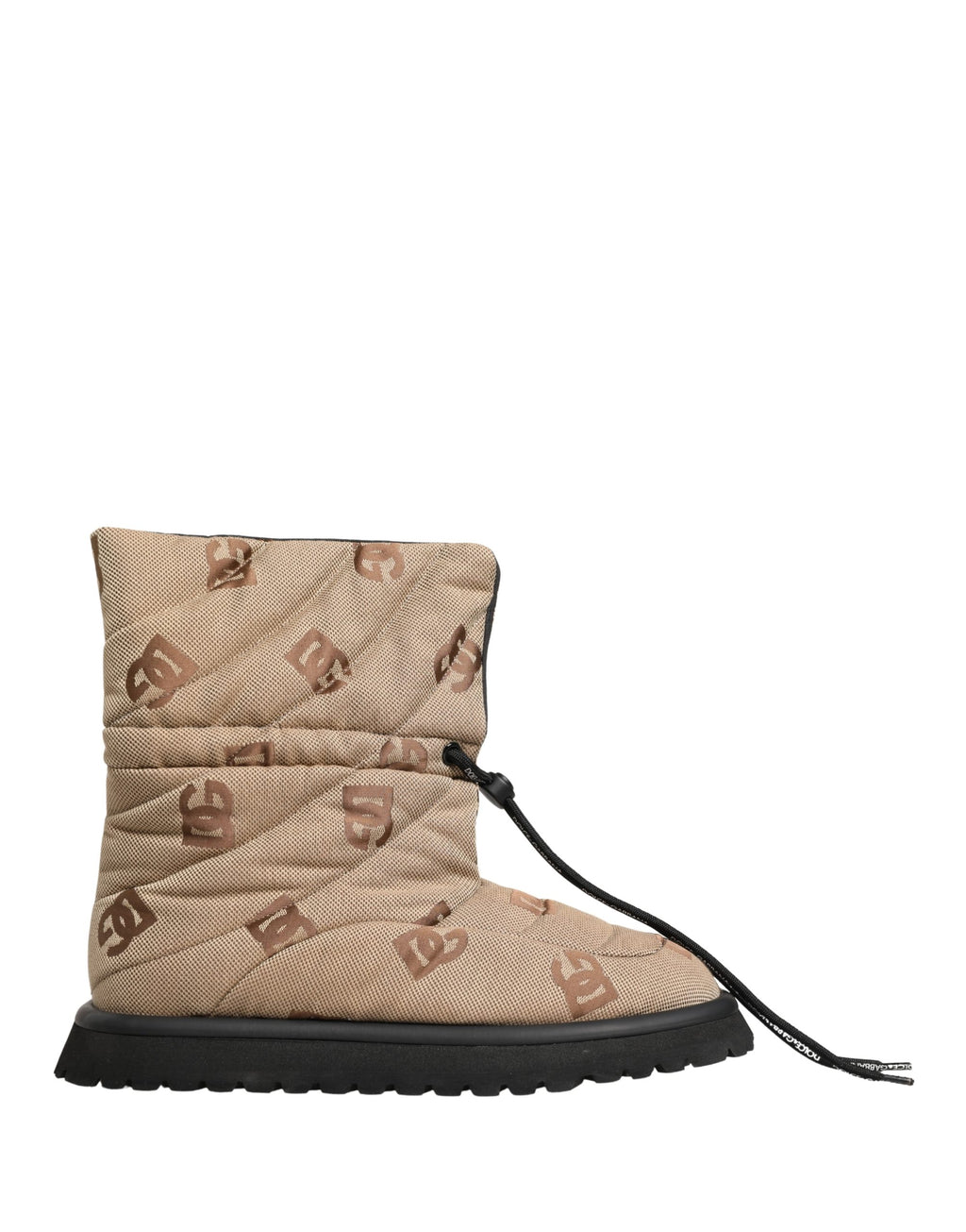 Bottes de neige Dolce & Gabbana en cuir marron avec logo imprimé, lacets et semelle antidérapante, style élégant et chaud.