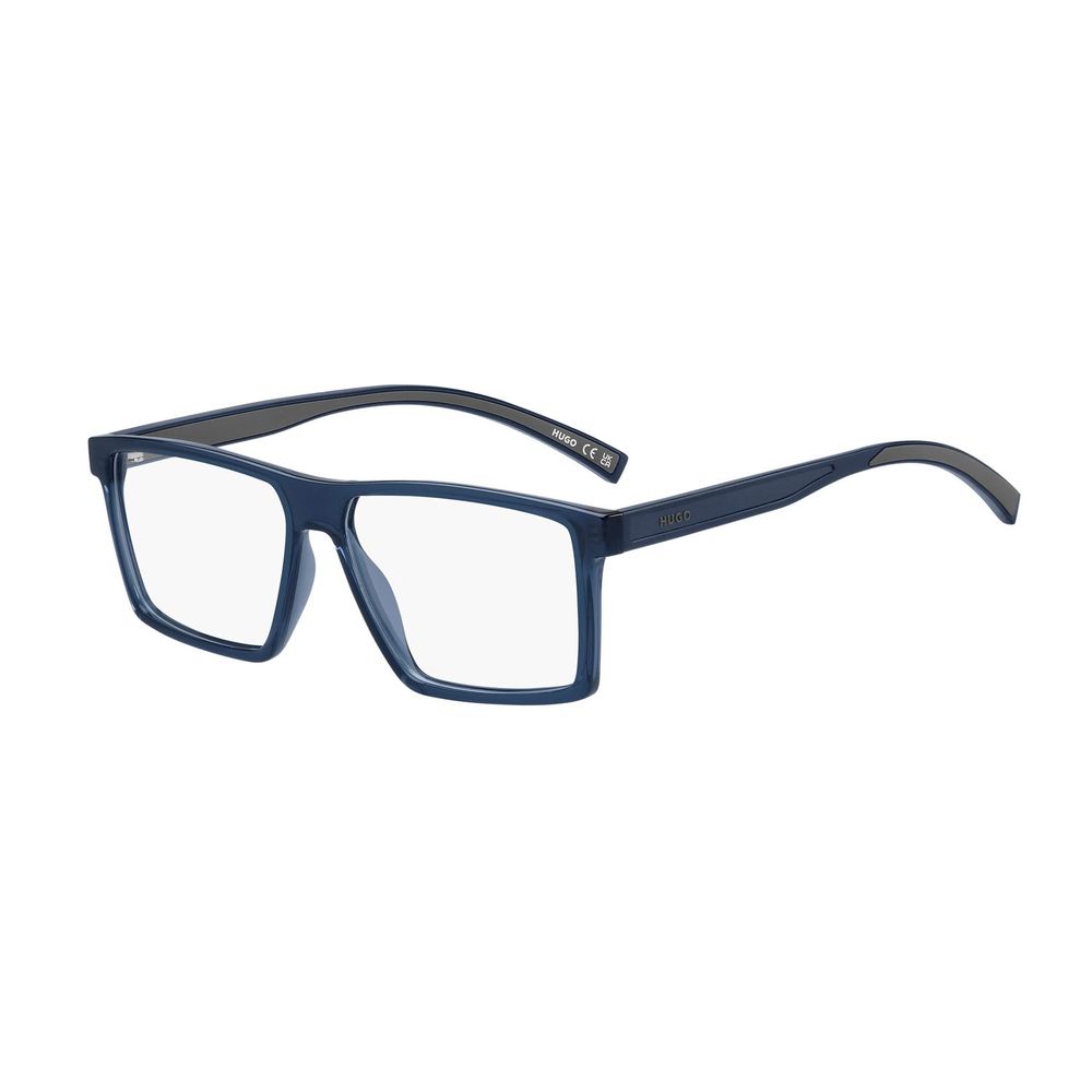 Lunettes en plastique bleues de la marque Hugo Boss, monture élégante pour hommes ou femmes, vue de face.