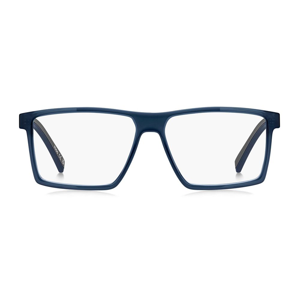 Lunettes en plastique bleues de Hugo Boss, monture élégante pour hommes, visibles avec détails de la structure en image.
