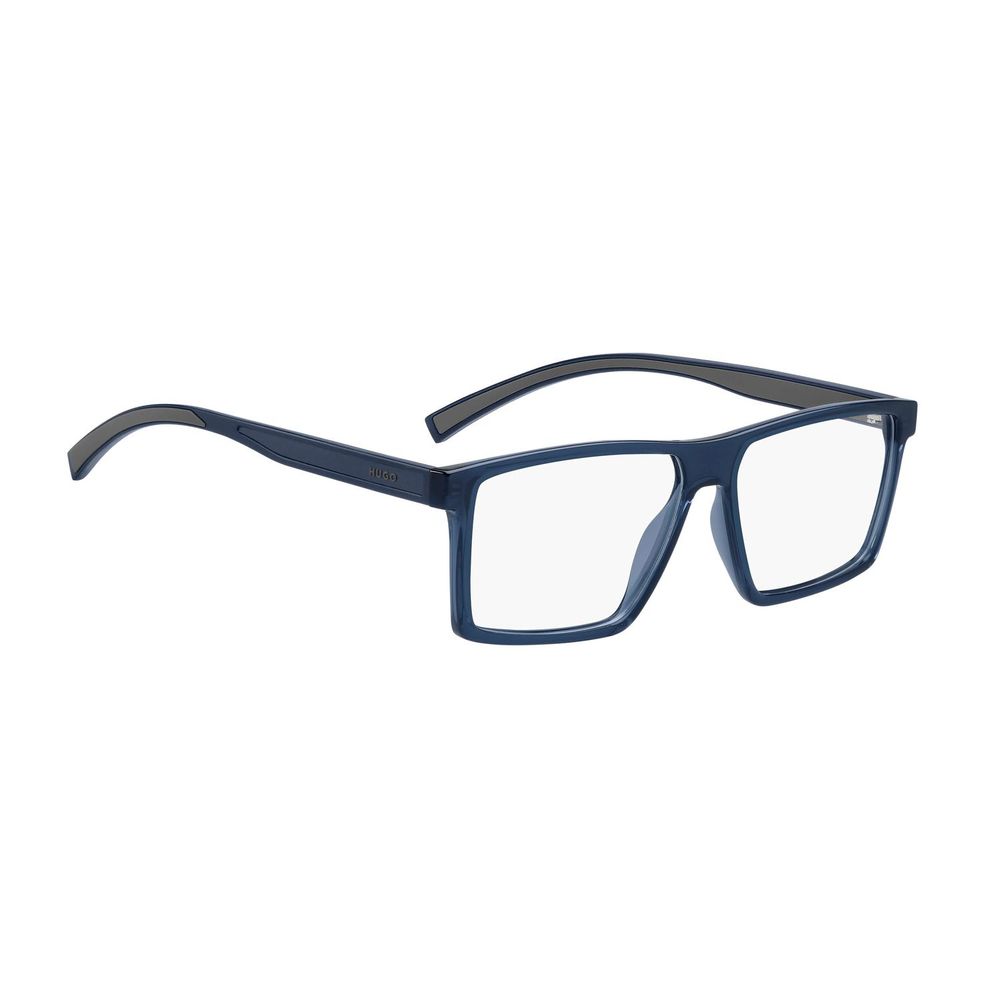 Lunettes en plastique bleues Hugo Boss avec monture élégante et moderne, visibles en gros plan.