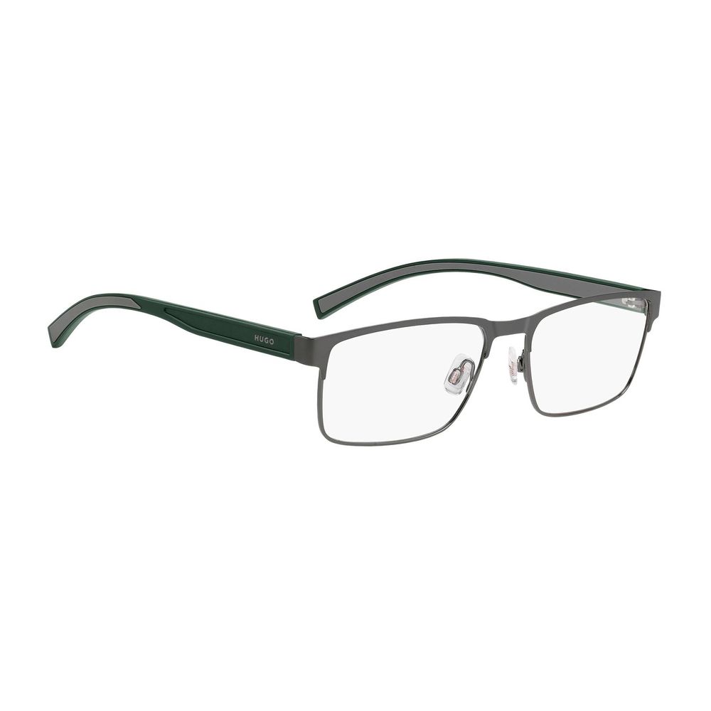 Lunettes en acier gris et aluminium de la marque Hugo Boss, monture élégante pour un style moderne.