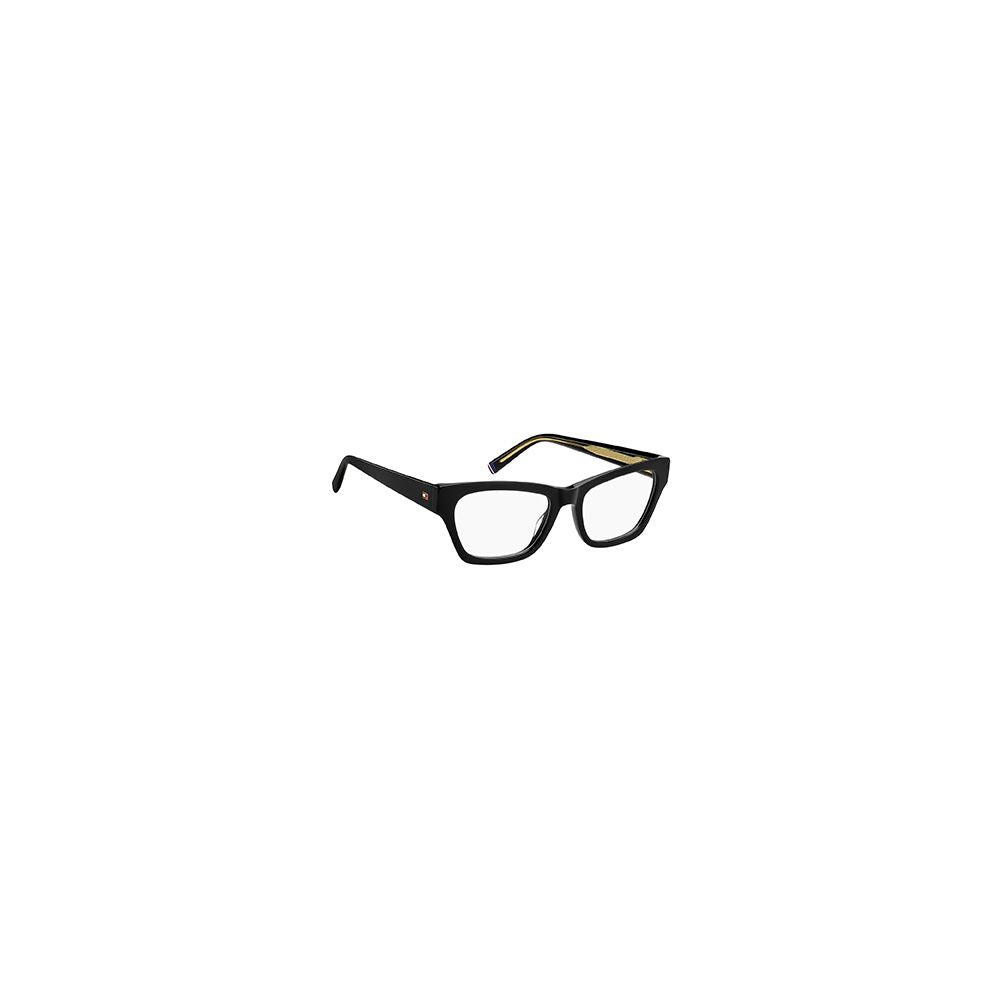 Lunettes Tommy Hilfiger en acétate noir avec monture rectangulaire, vue de face.