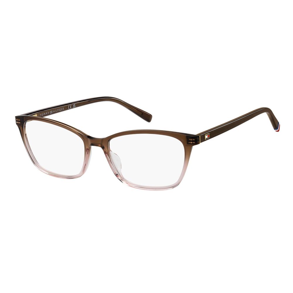 Lunettes en acétate marron Tommy Hilfiger avec monture rectangulaire et détails élégants, vues de face.