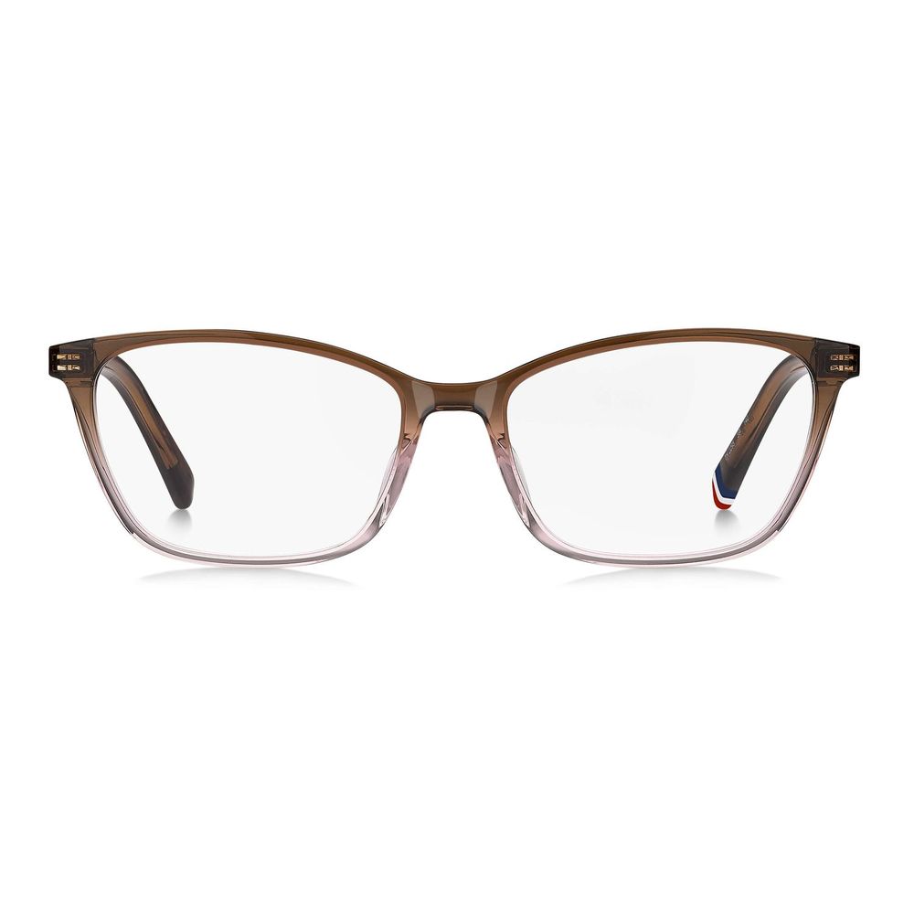 Lunettes en acétate marron Tommy Hilfiger avec monture élégante et moderne, vues de face sur fond blanc.