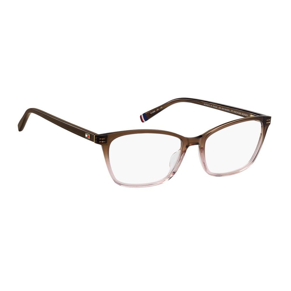 Lunettes en acétate marron Tommy Hilfiger avec monture élégante et moderne, vues de face sur fond blanc.