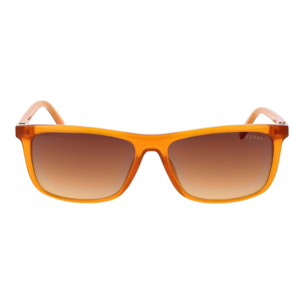 Lunettes de soleil en plastique orange de marque Guess, style tendance avec monture rectangulaire et verres foncés.