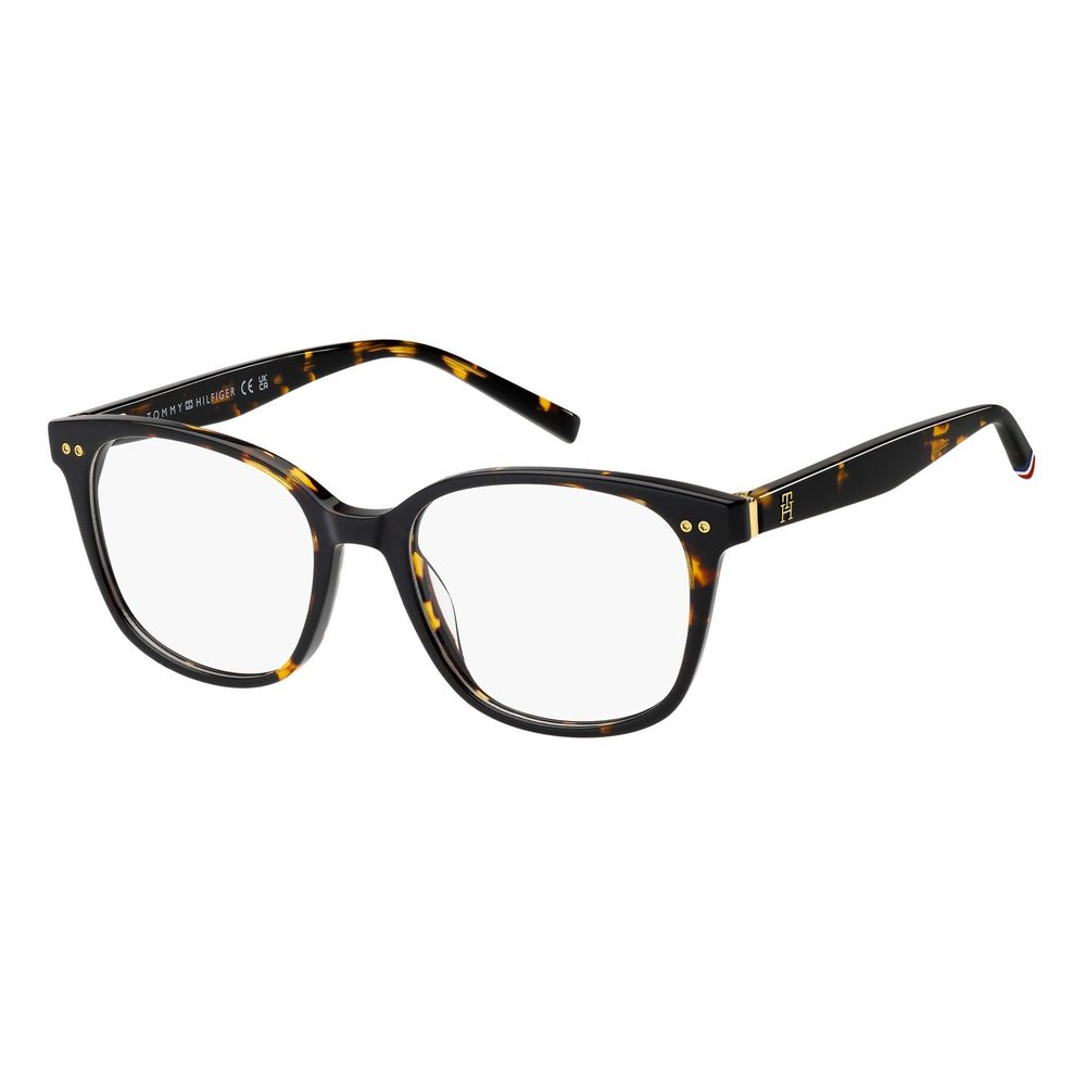 Lunettes en acétate marron Tommy Hilfiger avec monture rectangulaire et détails élégants visibles sur l'image.