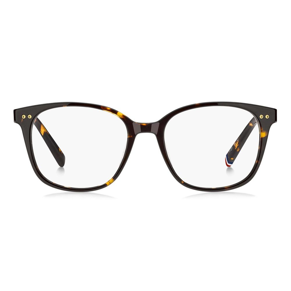 Lunettes en acétate marron Tommy Hilfiger avec monture élégante et moderne, vues de face sur fond blanc.