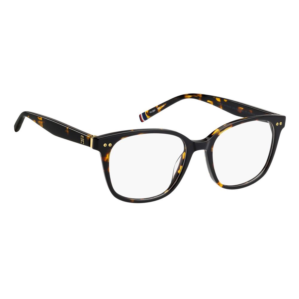 Lunettes en acétate marron Tommy Hilfiger avec monture élégante et moderne, visibles sur l'image.
