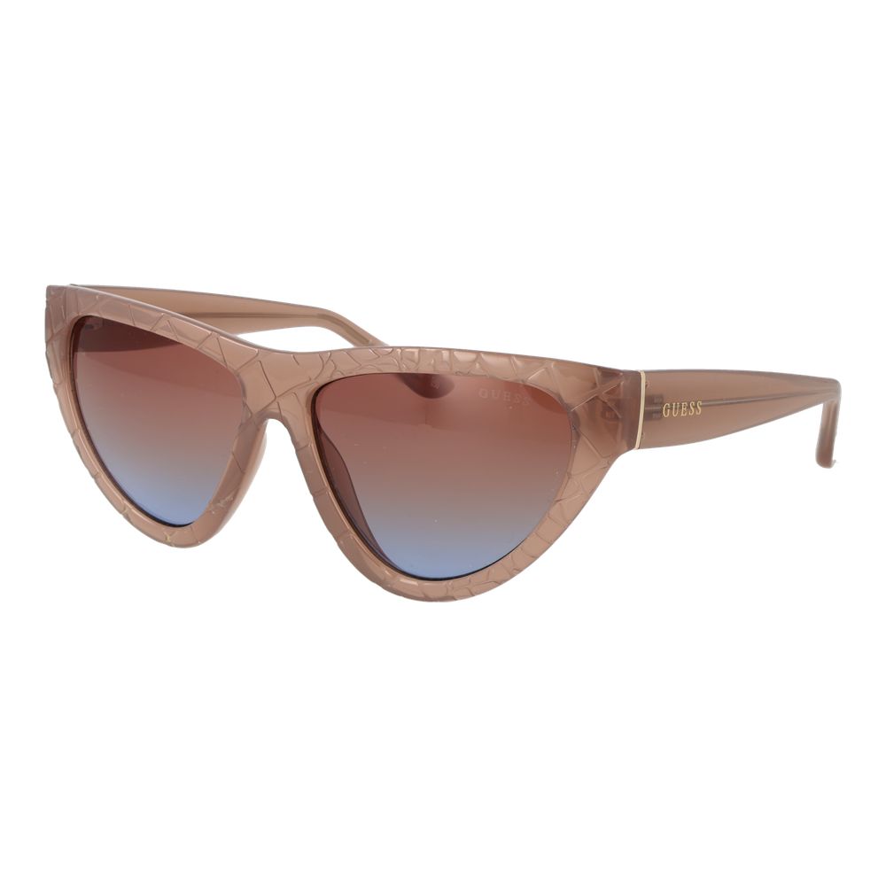 Lunettes de soleil en plastique beige de marque Guess, avec monture élégante et design moderne, visibles sur l'image.