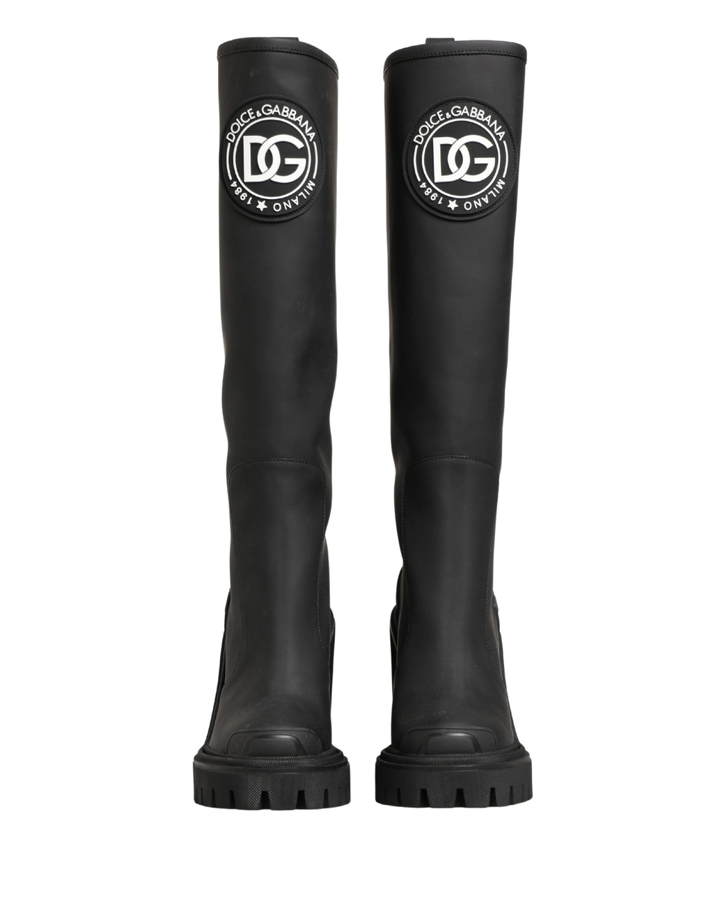 Bottes hautes en cuir caoutchouté noir de Dolce & Gabbana, chaussures élégantes en cuir noir avec finition brillant.