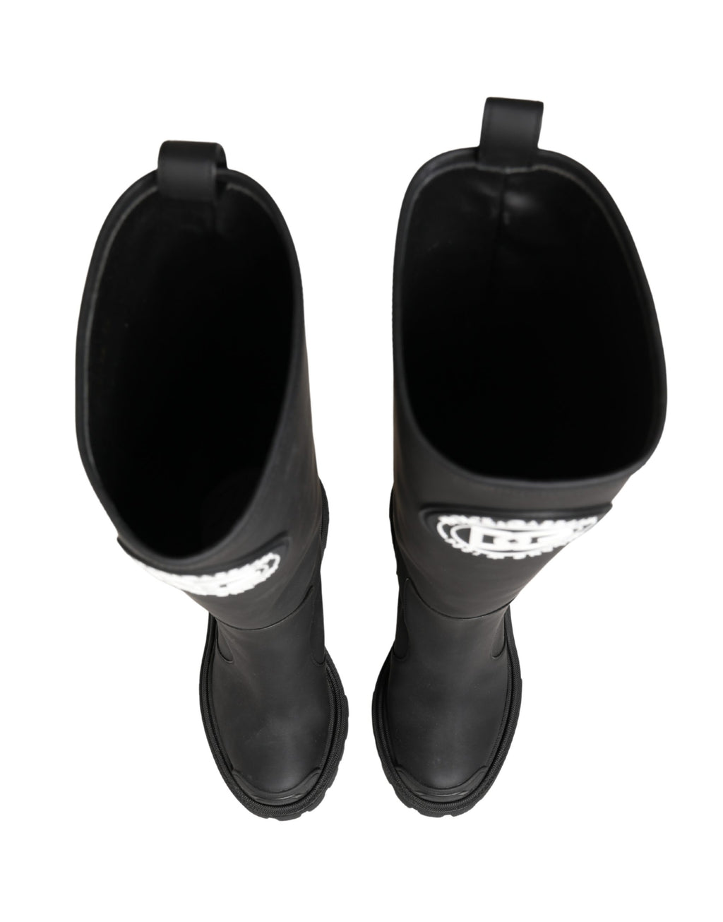 Bottes hautes en cuir caoutchouté noir Dolce & Gabbana, style élégant avec finition brillante et semelle robuste.