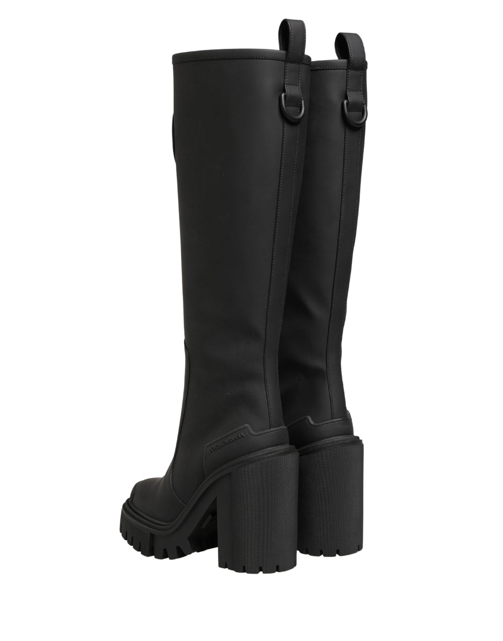 Bottes hautes en cuir caoutchouté noir de Dolce & Gabbana, chaussures élégantes pour femmes.