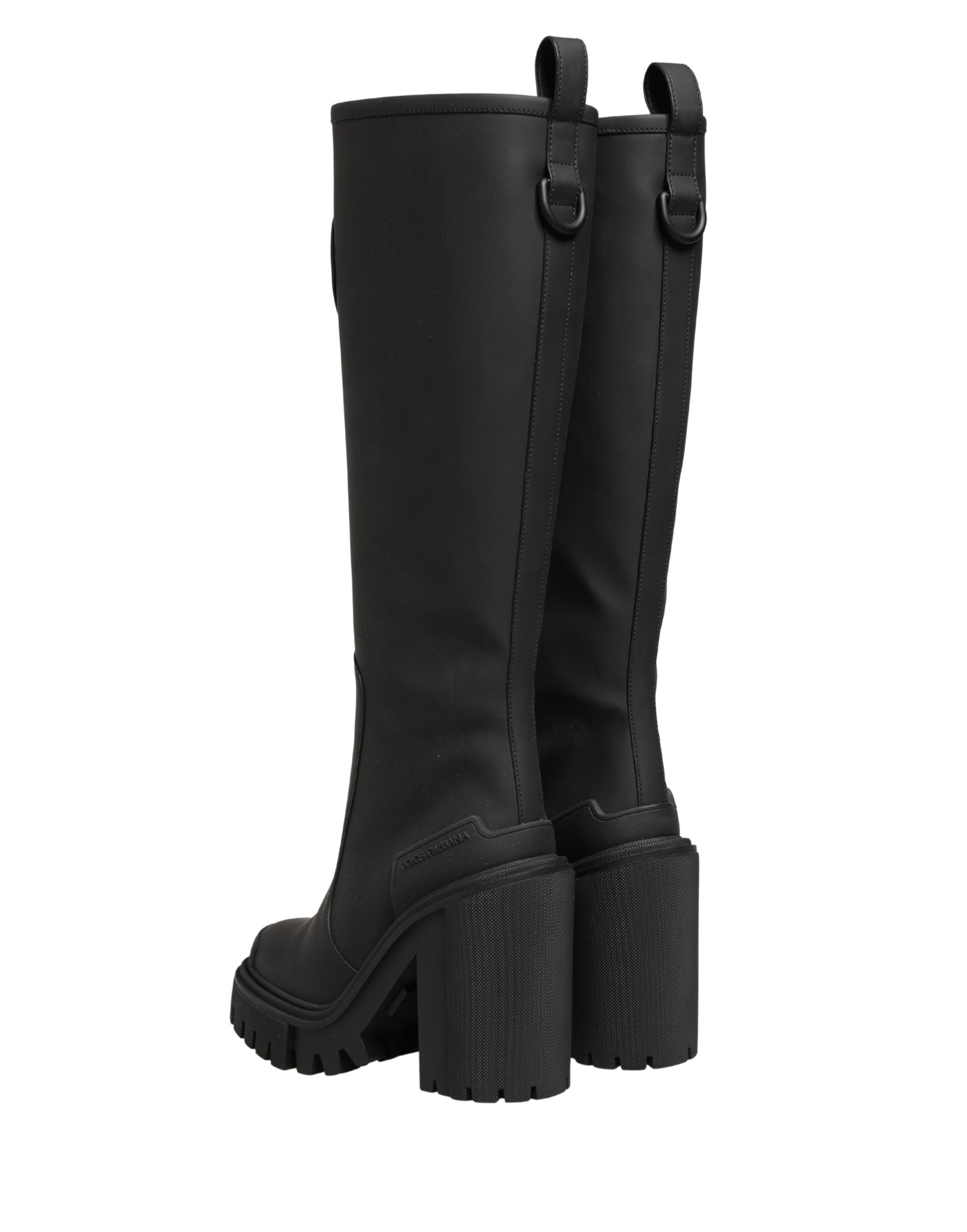Bottes hautes en cuir caoutchouté noir de Dolce & Gabbana, chaussures élégantes pour femmes.