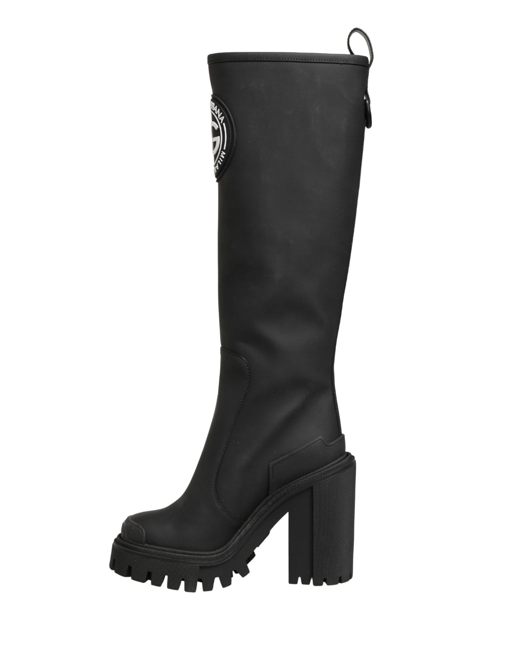 Bottes hautes en cuir caoutchouté noir de Dolce & Gabbana, chaussures élégantes pour femmes, vue de côté.