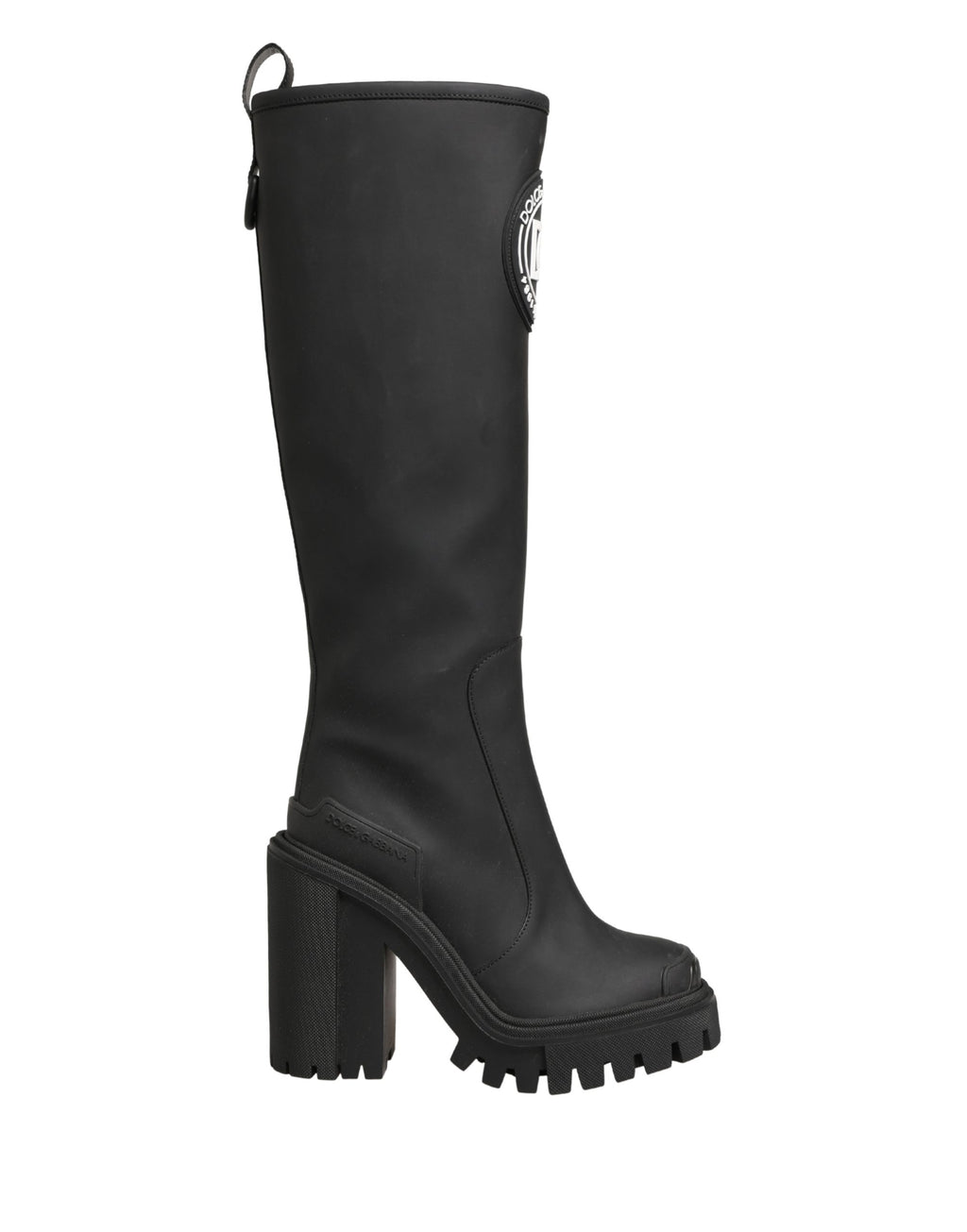 Bottes hautes en cuir caoutchouté noir Dolce & Gabbana, style élégant et moderne, visibles avec finition brillante.