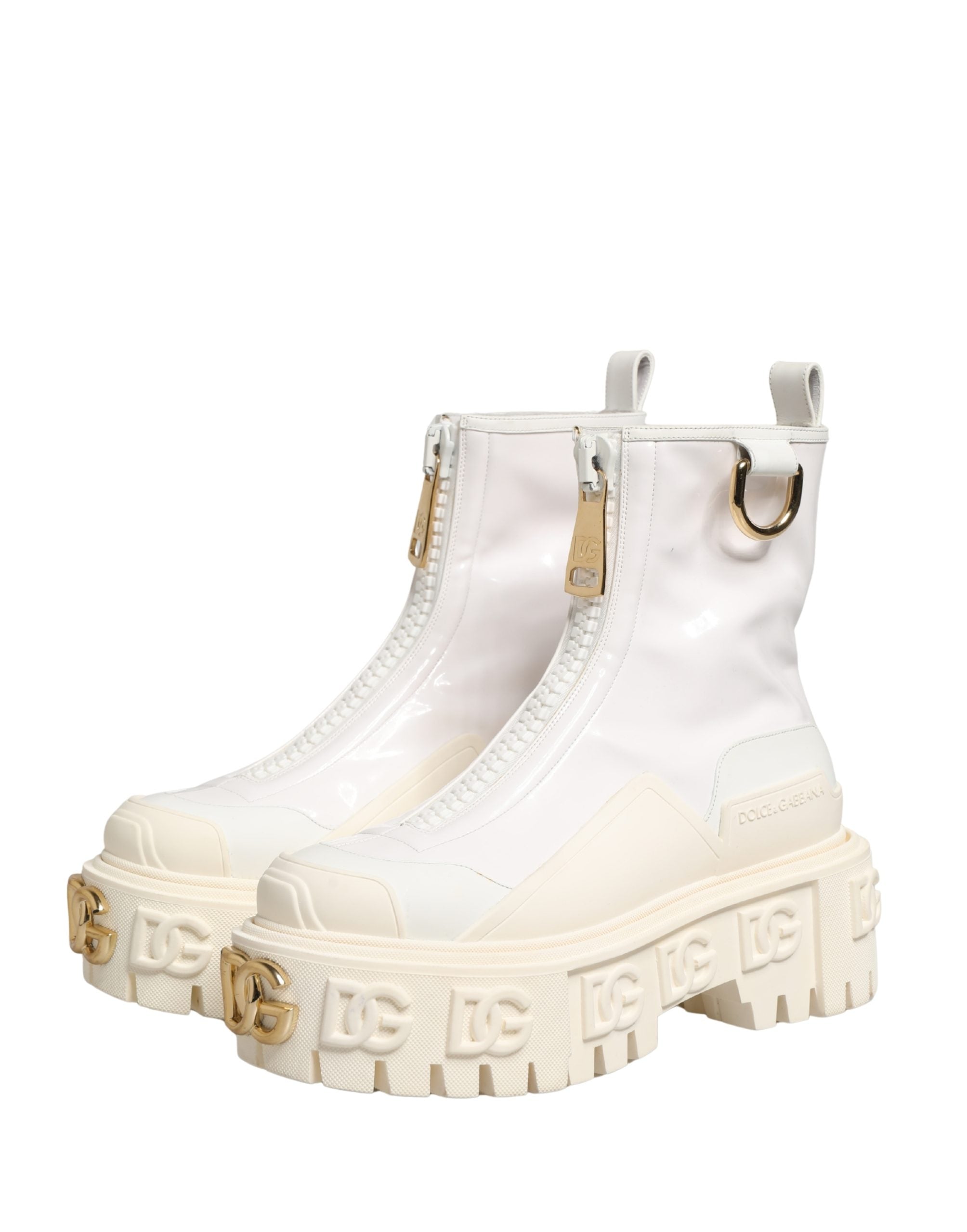 Bottes ankle en cuir blanc avec logo en caoutchouc, style Dolce & Gabbana, chaussures élégantes et modernes.
