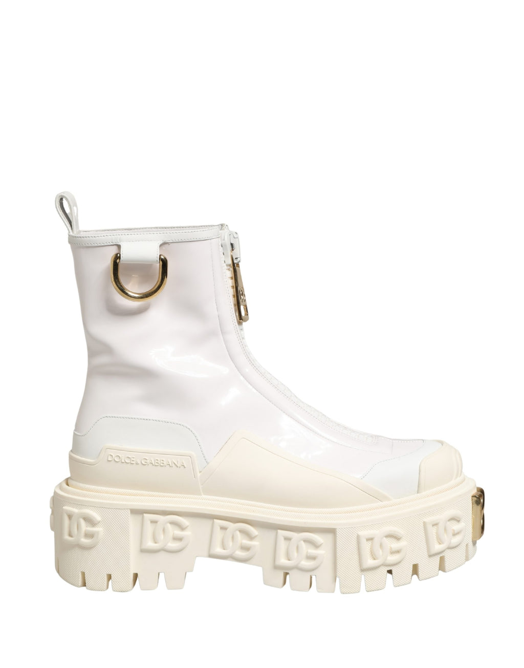 Bottes ankle en cuir blanc avec logo en caoutchouc de Dolce & Gabbana, chaussures élégantes et modernes.