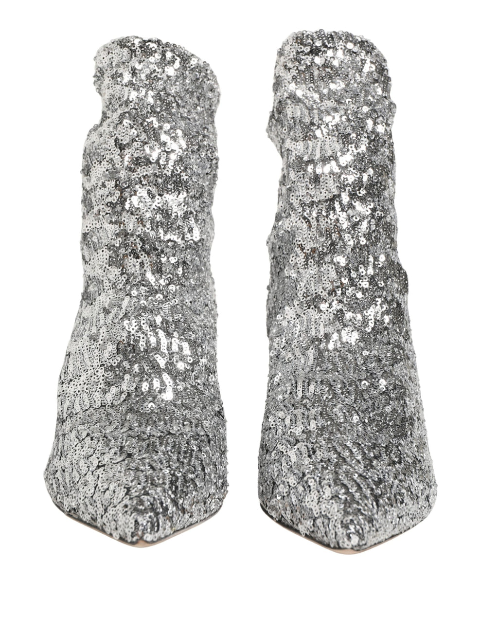 Bottes courtes en sequins argentés de Dolce & Gabbana avec semelle en stretch, mode élégante et brillante.