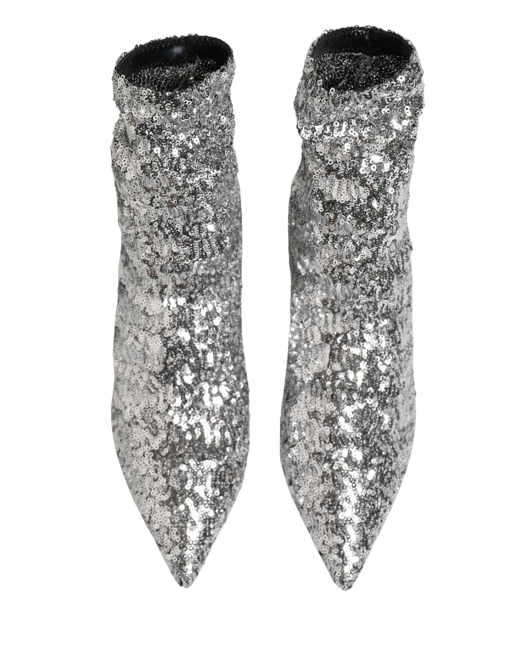 Bottes courtes en sequins argentés Dolce & Gabbana, chaussures extensibles élégantes et brillantes.