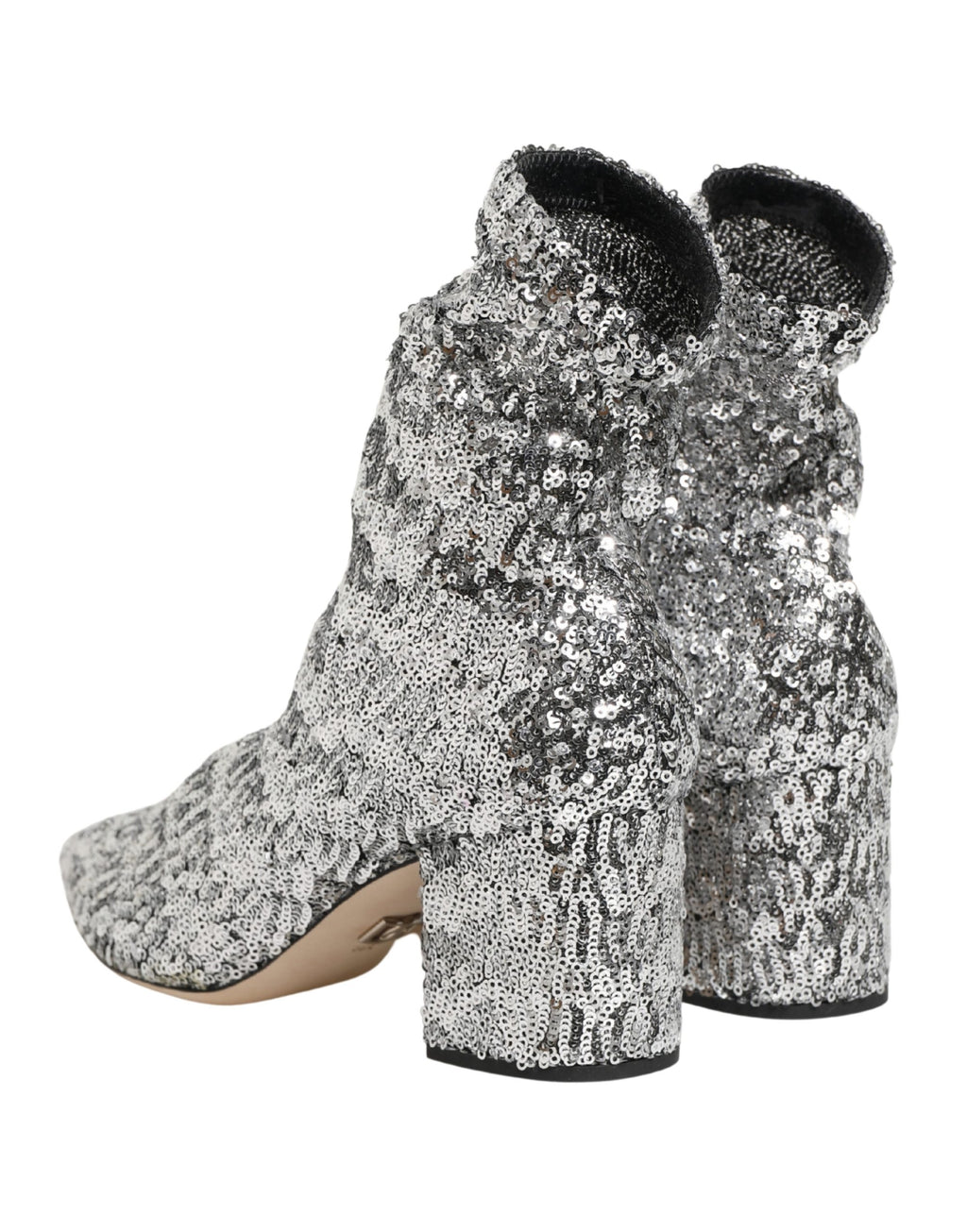 Bottes courtes en sequins argentés Dolce & Gabbana stretch, chaussures élégantes et brillantes pour femmes.