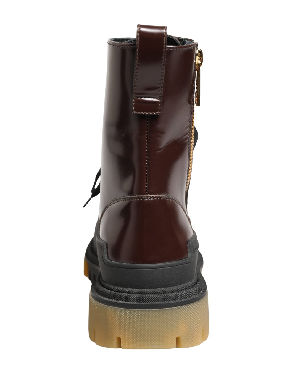 Bottes motard en cuir bordeaux Dolce & Gabbana avec lacets, style robuste et moderne, visibles en image.