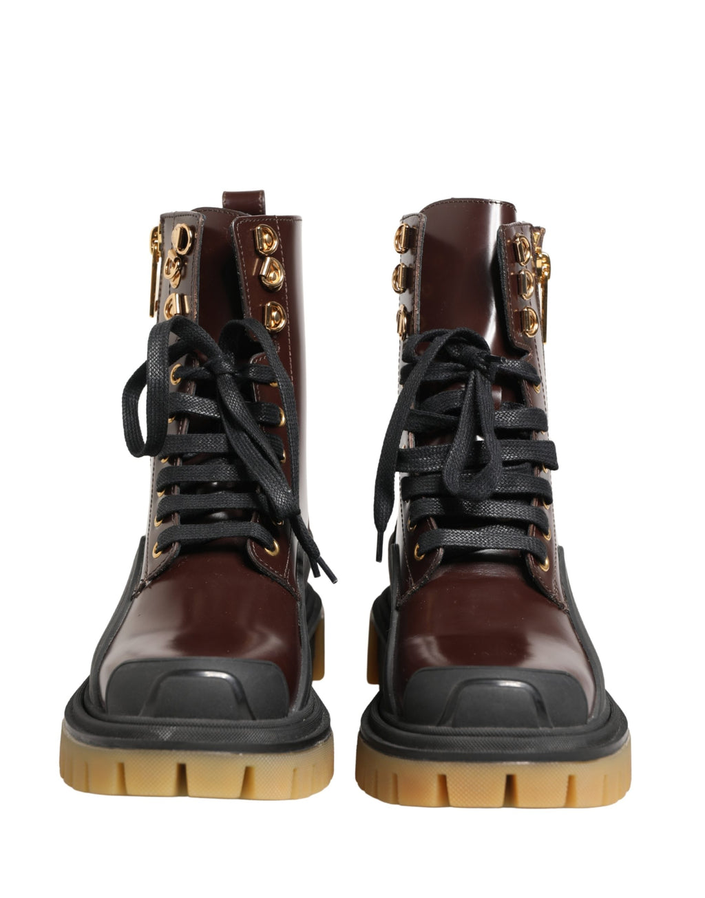 Bottes biker en cuir bordeaux de Dolce & Gabbana avec lacets, style robust et élégant, pour femmes ou hommes.