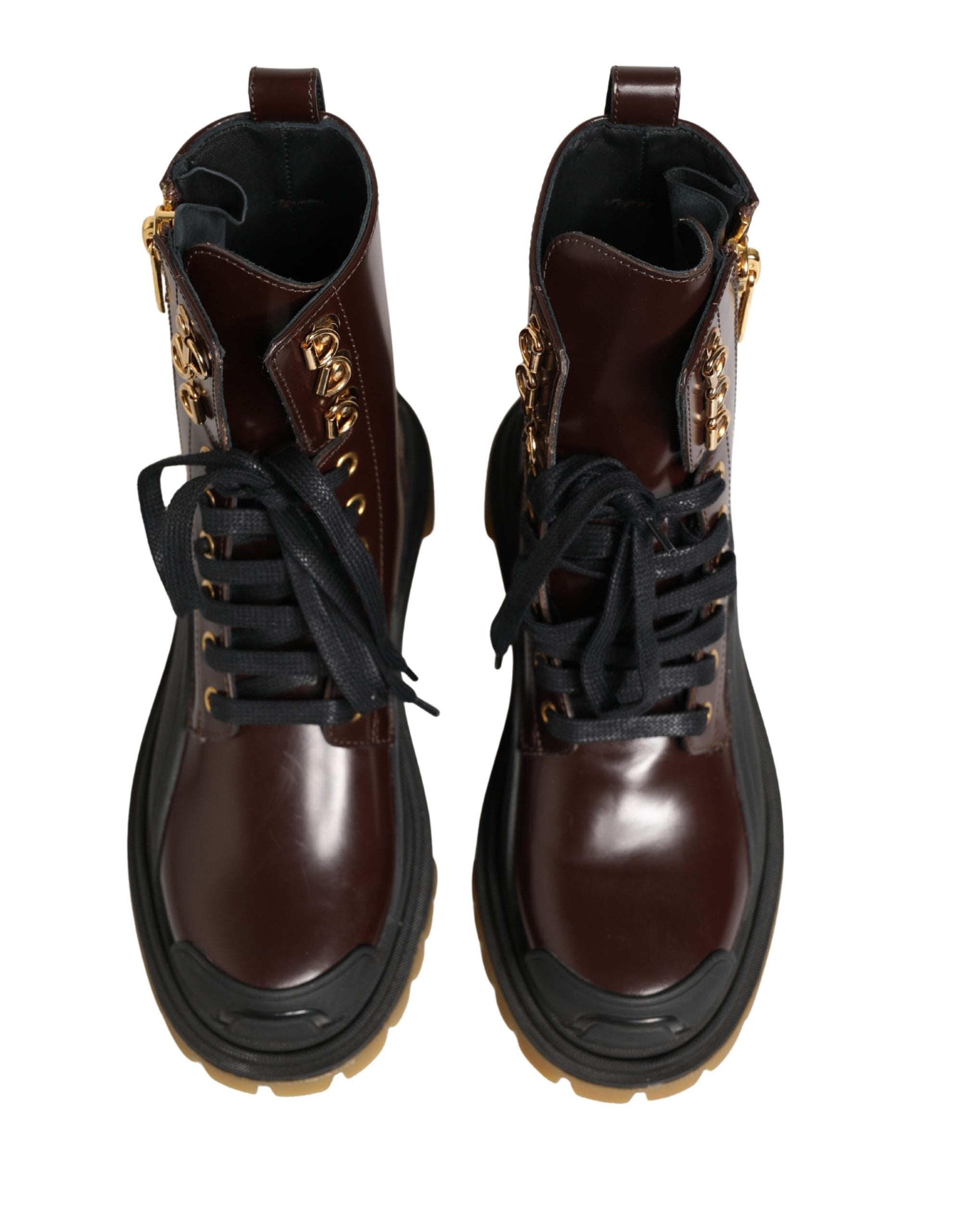 Bottes de moto en cuir marron Dolce & Gabbana avec lacets, style robuste et élégant, chaussures de biker en cuir maroquiné.
