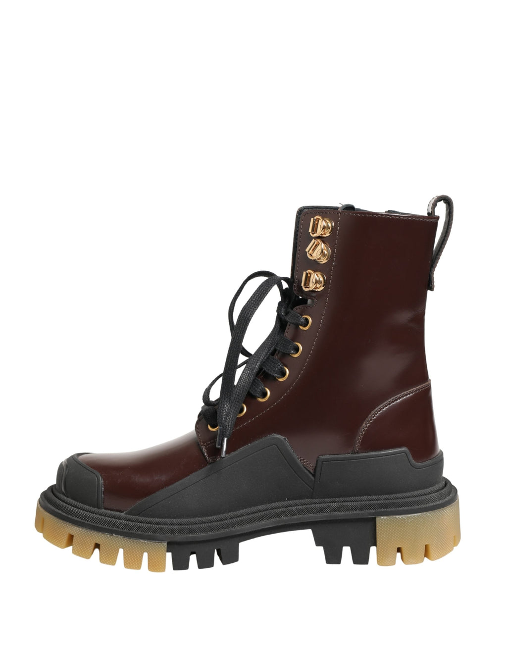 Bottes de moto en cuir marron Dolce & Gabbana avec lacets, style robuste et élégant, chaussures tendance pour femmes et hommes.