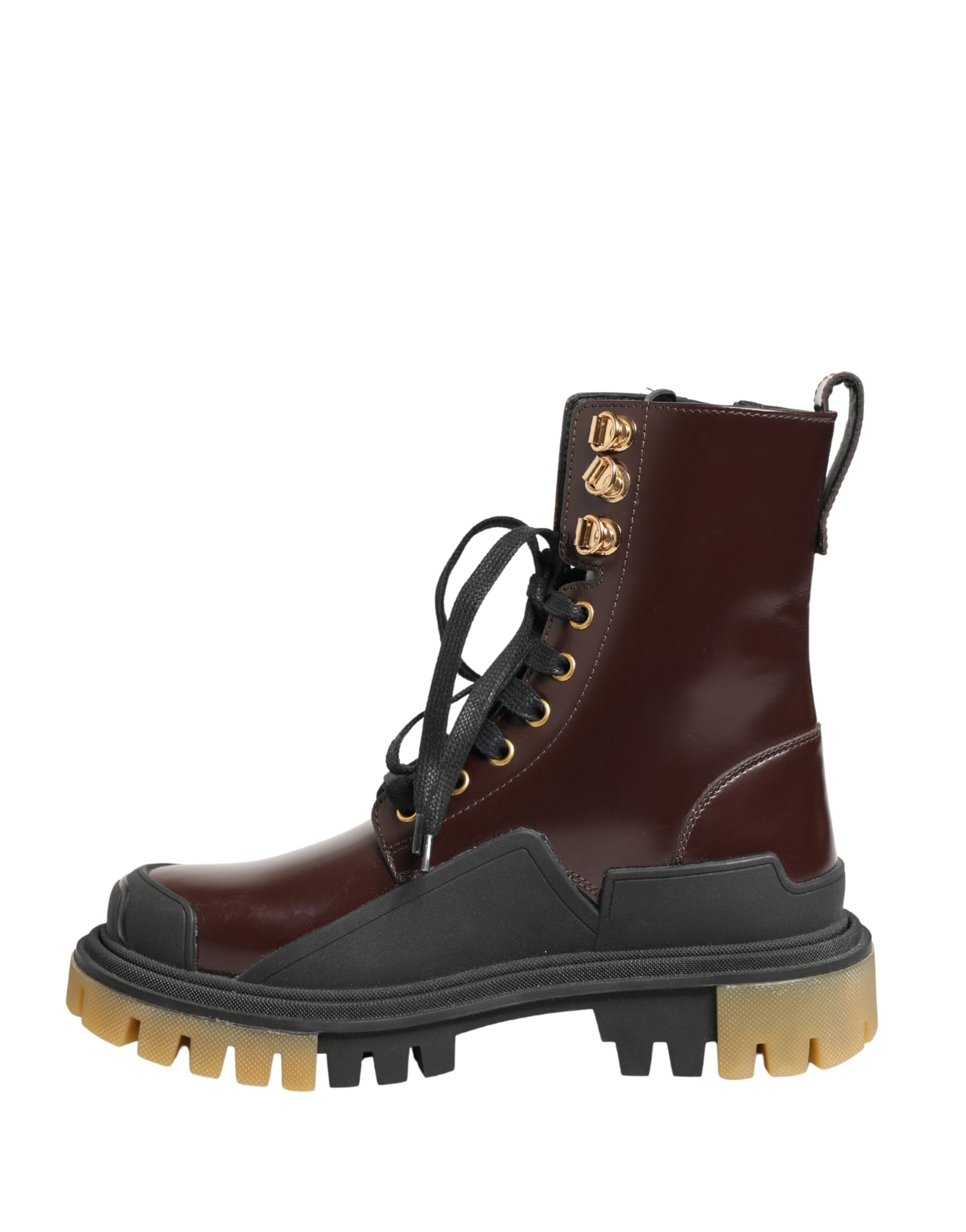 Bottes de moto en cuir marron Dolce & Gabbana avec lacets, style robuste et élégant, chaussures tendance pour femmes et hommes.