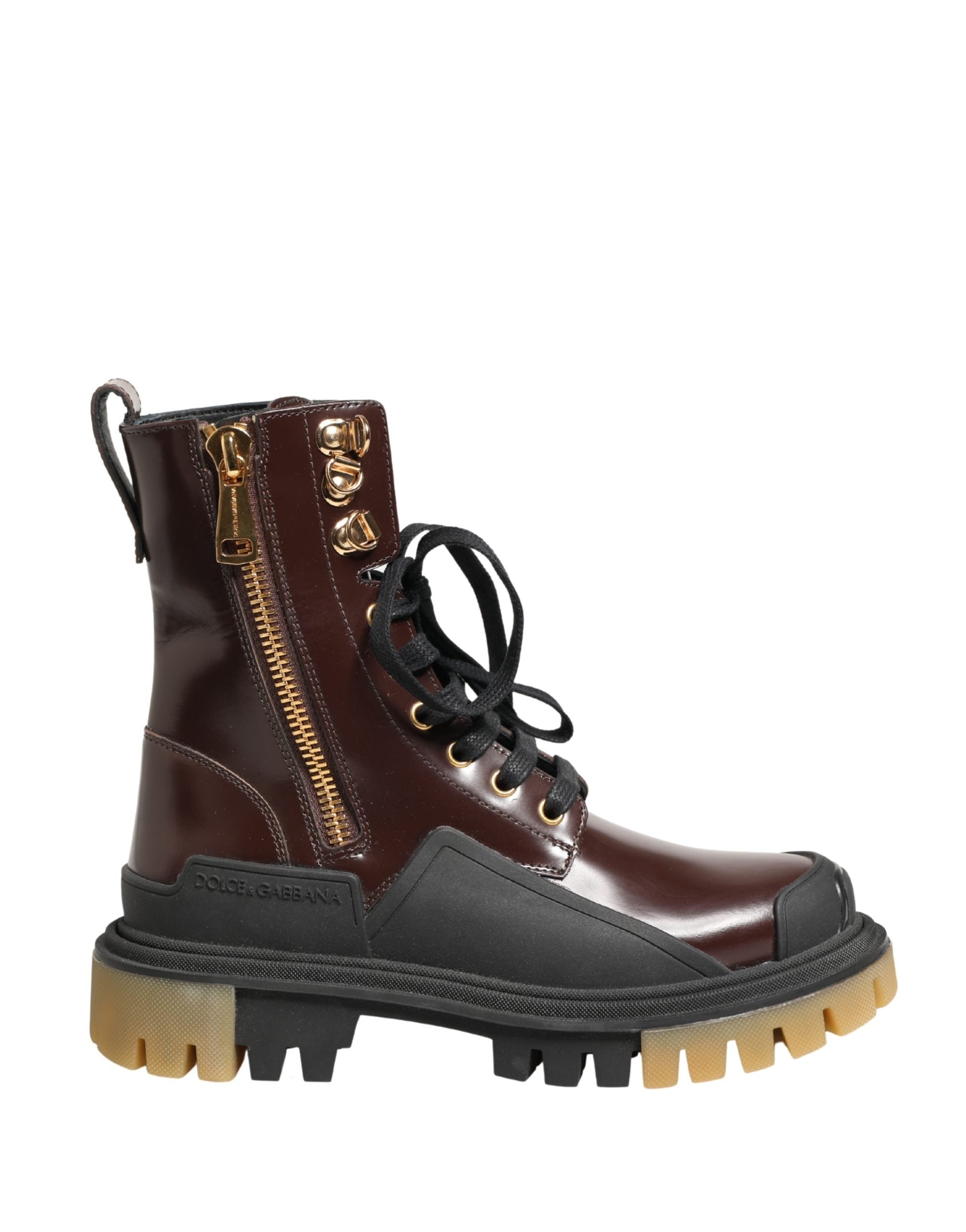 Bottes biker en cuir marron Dolce & Gabbana avec lacets et boucle, style robuste et élégant, vues de face.
