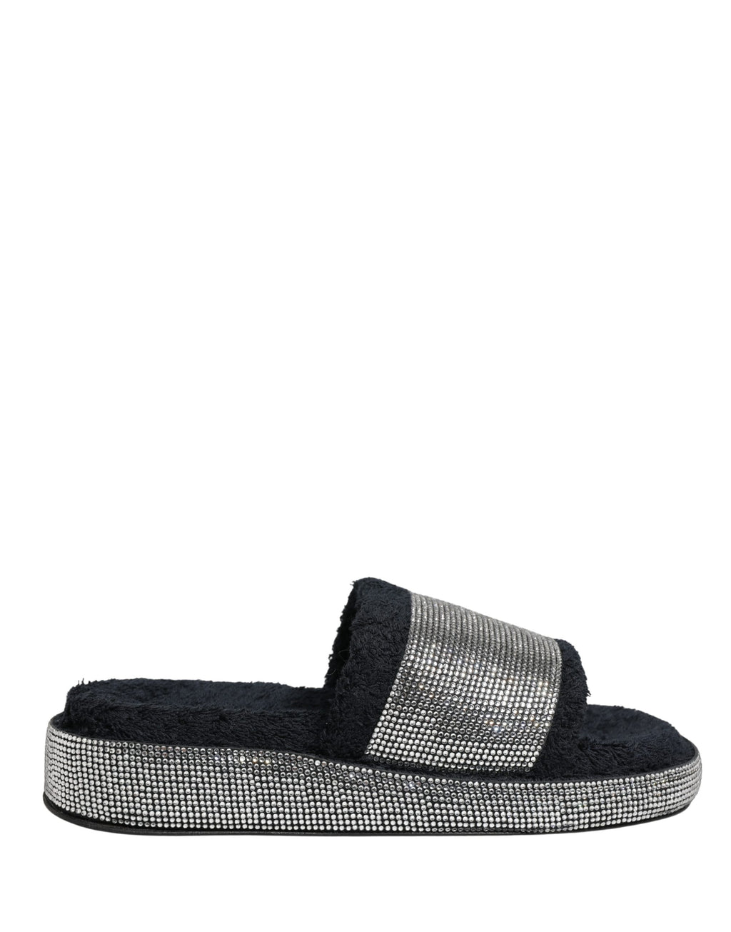 Sandales plates noires Dolce & Gabbana avec embellissements en cristal et plateforme, vue de côté sur fond blanc.