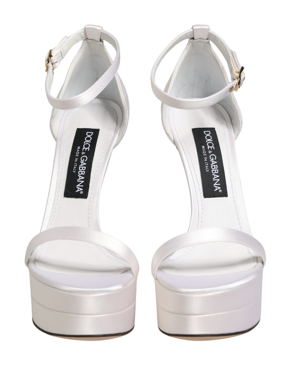 Sandales plates Dolce & Gabbana blanches avec bride à la cheville et plateforme, chaussures élégantes pour femmes.