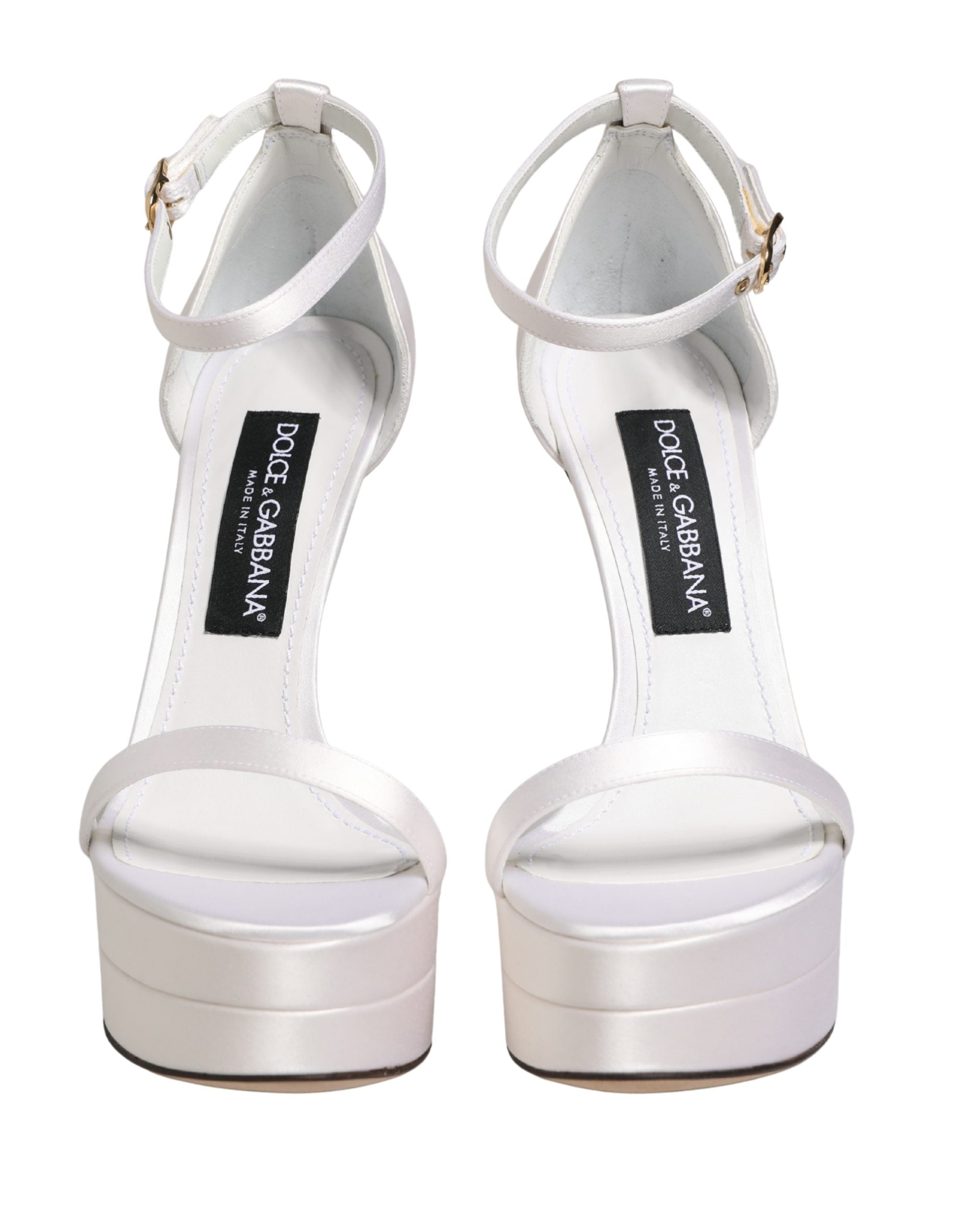 Sandales plates Dolce & Gabbana blanches avec bride à la cheville et plateforme, chaussures élégantes pour femmes.