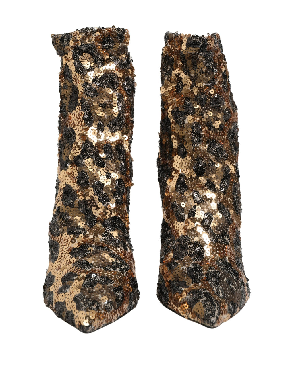 Bottines à talons Dolce & Gabbana en sequins dorés à motif léopard, bout arrondi et semelle en cuir.