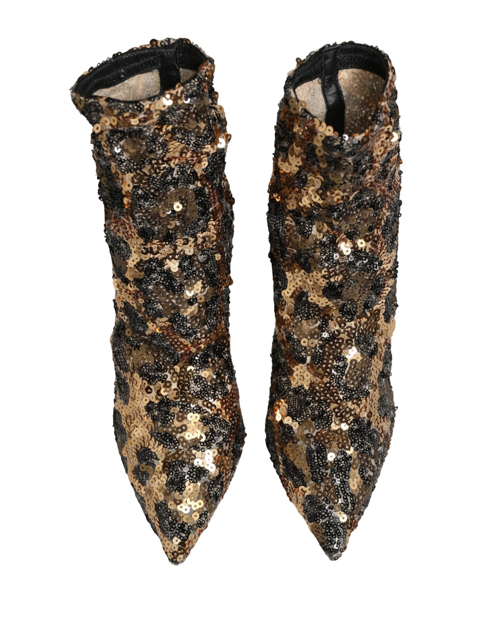 Chaussures bottines à talons Dolce & Gabbana dorées à sequins léopard, style élégant et tendance.